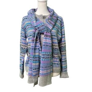 Talbots Crewneck Fair Isle Cardigan and Scarf Lavender/Gray/Blue/Black (Size XS)